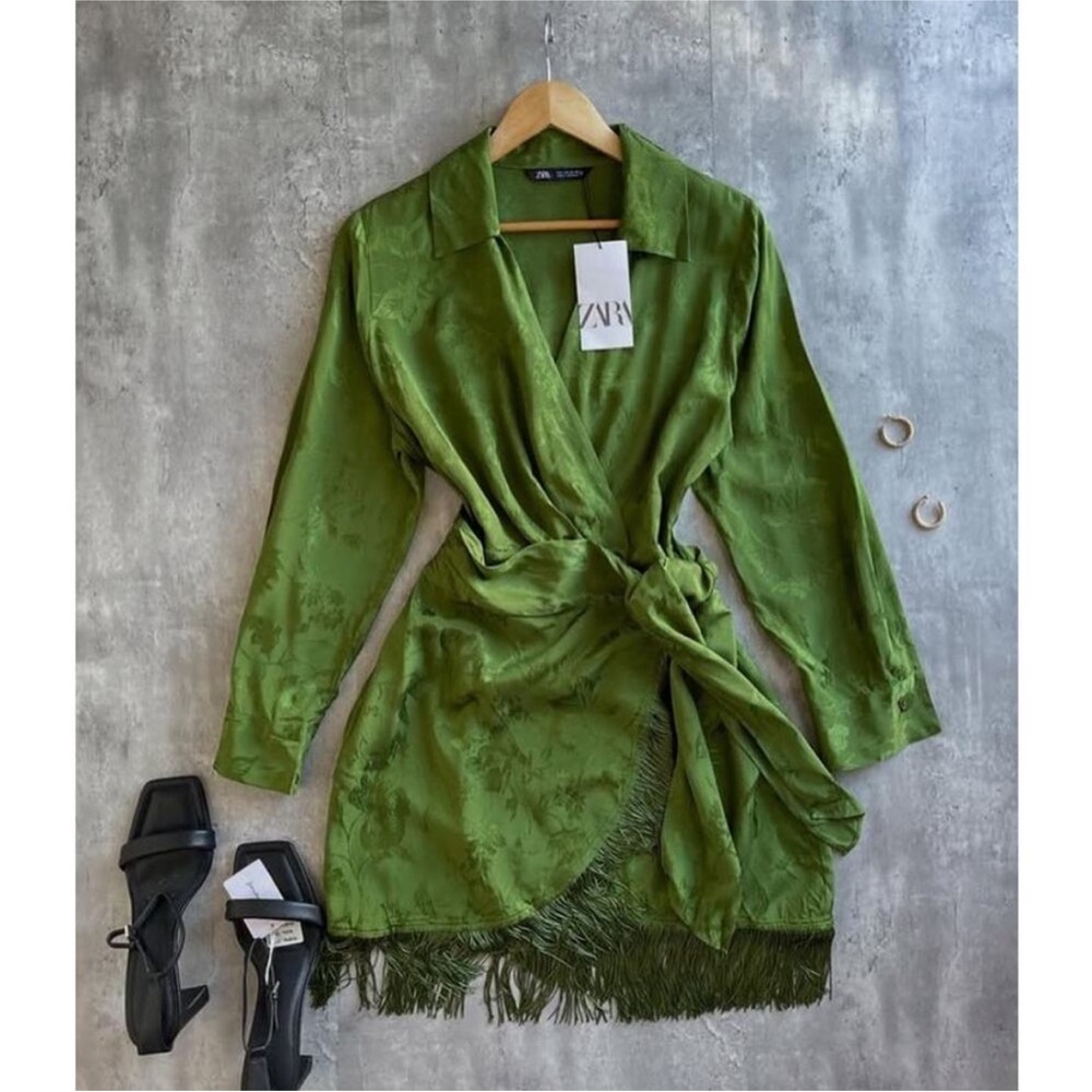 ZARA fringed Jacquard wrap dress green 2157/035 - Picture 8 of 16